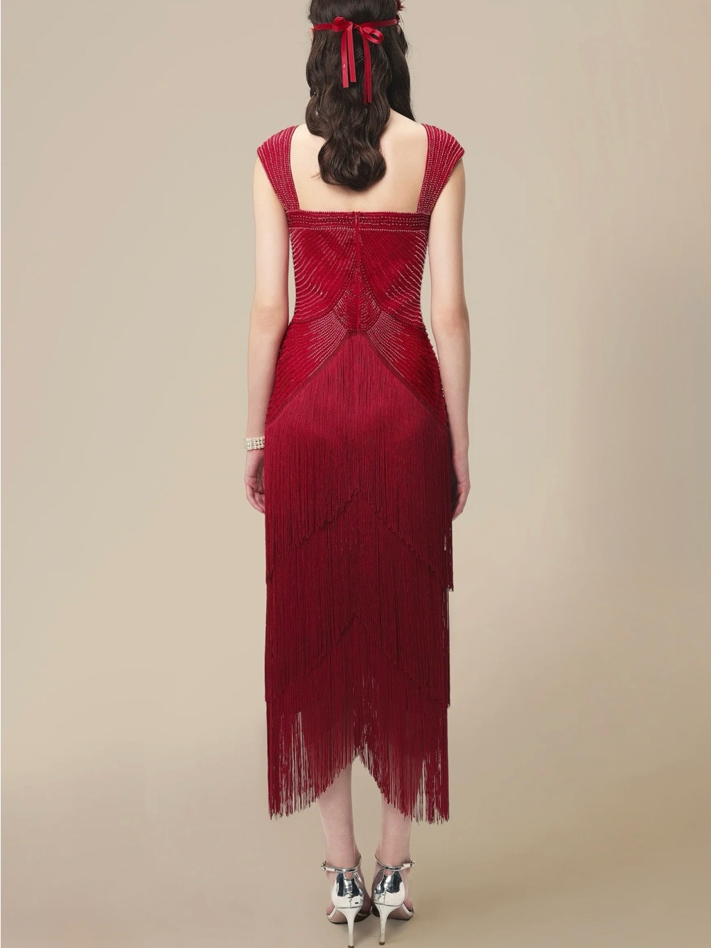 Red Fringe Maxi Dress With Vintage-Inspired Silhouette — image 2 of 8